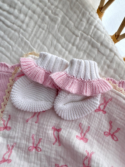 Pink and white frill baby booties