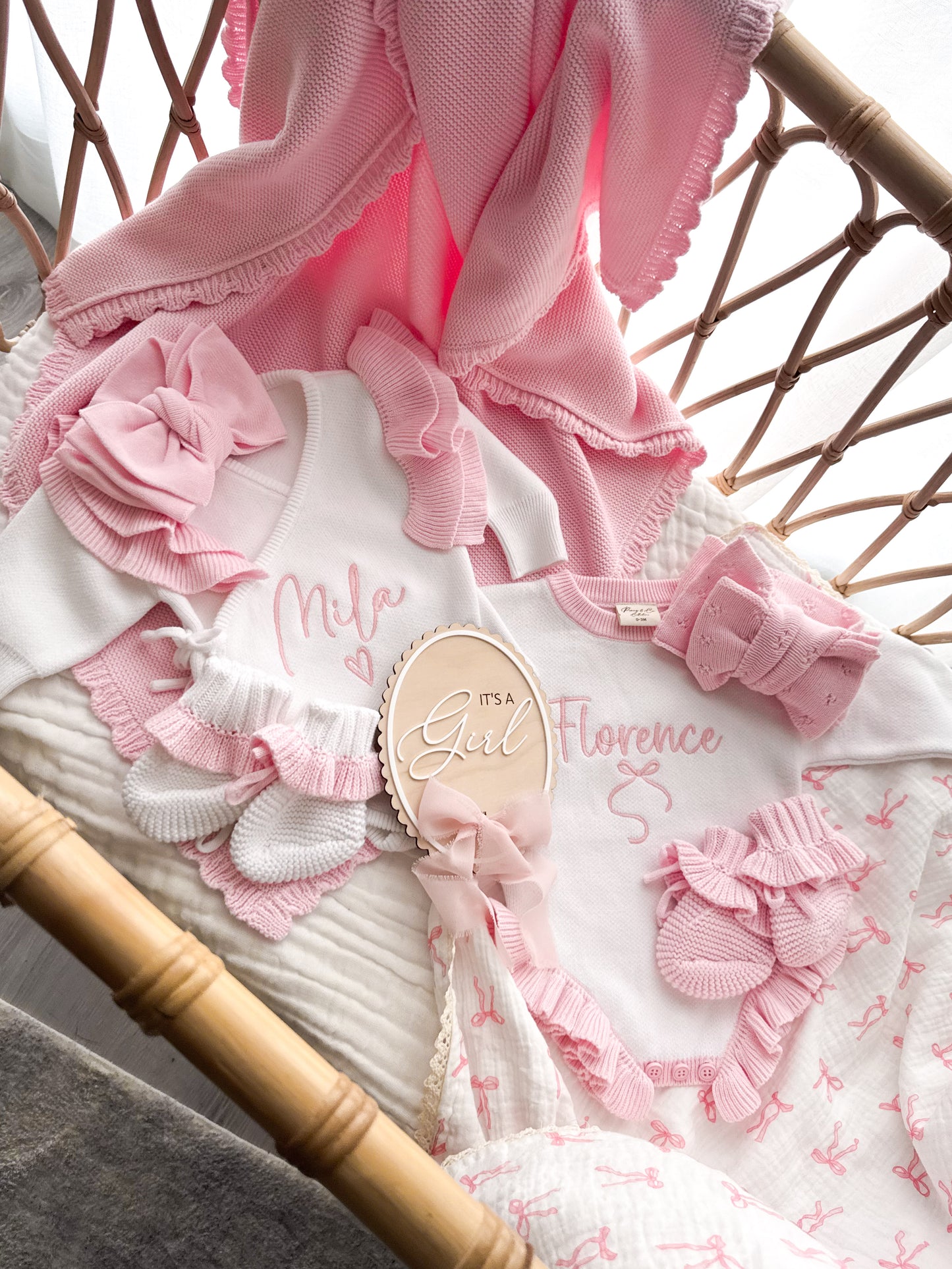 White and pink frill personalised baby kimono romper