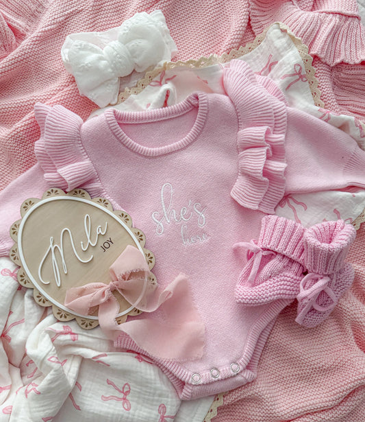 She’s here candy pink frill romper