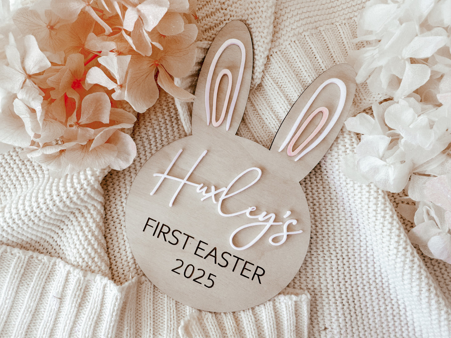 Personalised first Easter bunny sign wooden and acrylic