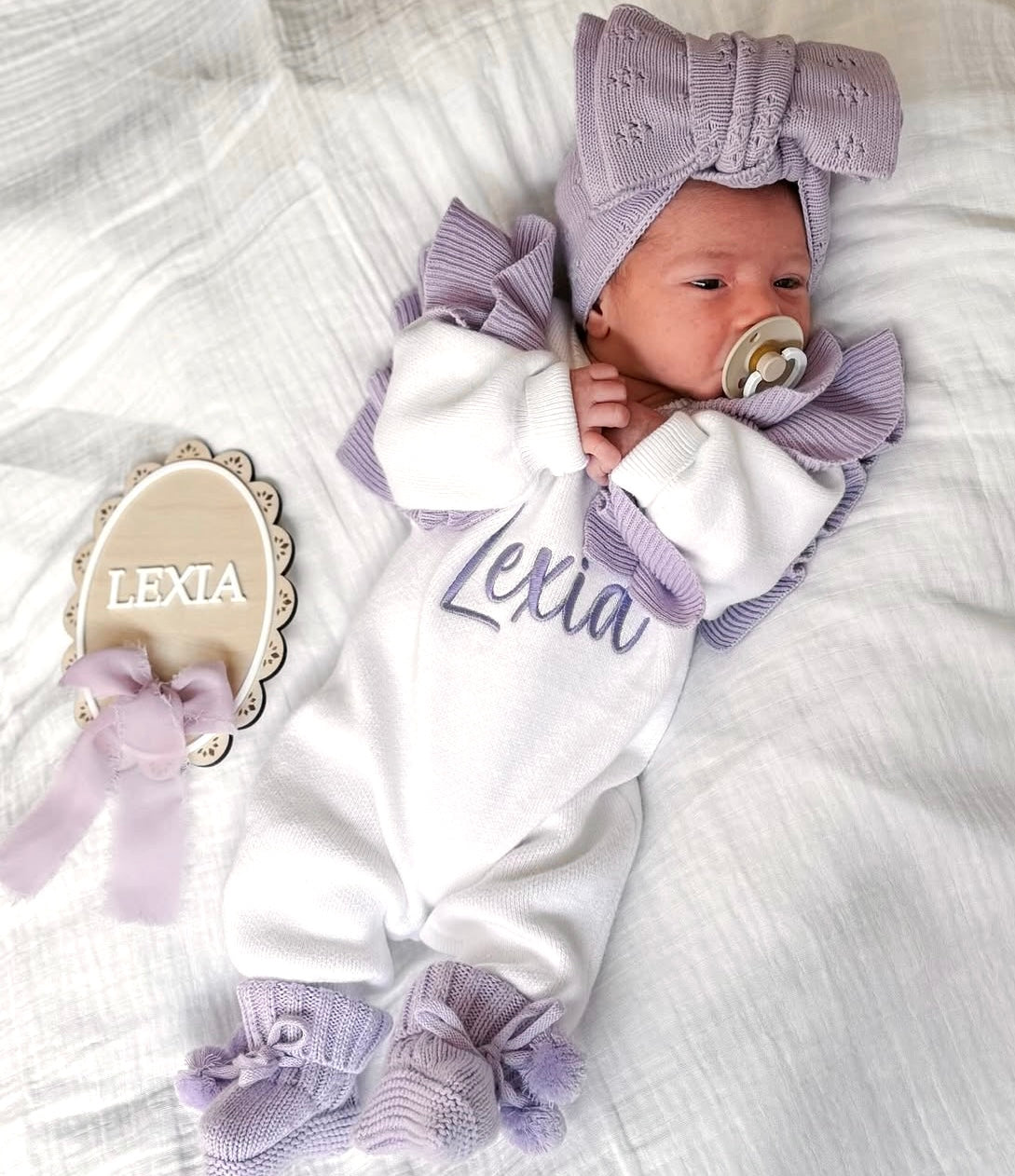 White with lilac frill personalised baby romper