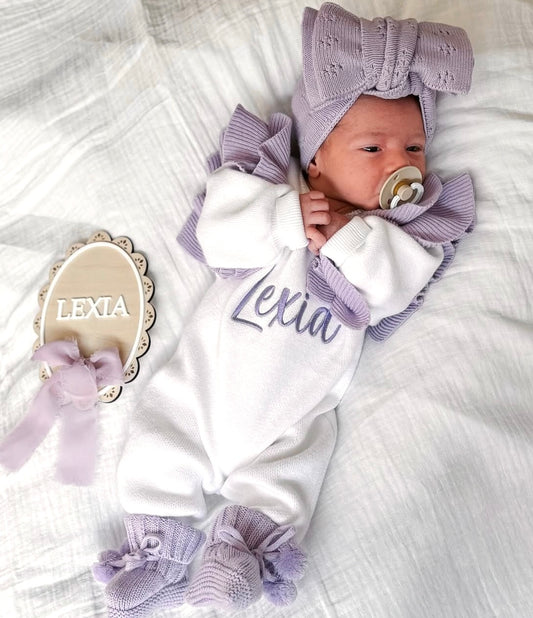 White with lilac frill personalised baby romper