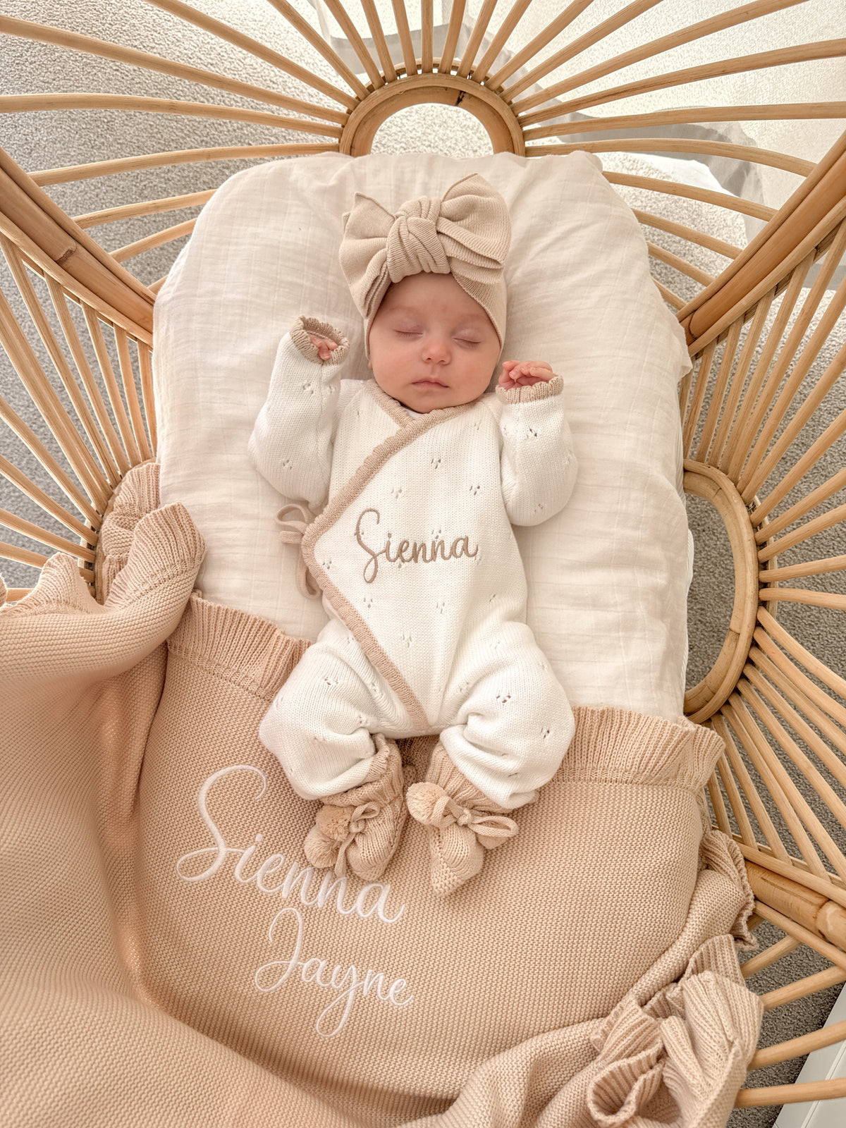 White and beige trim scallop kimono announcement romper