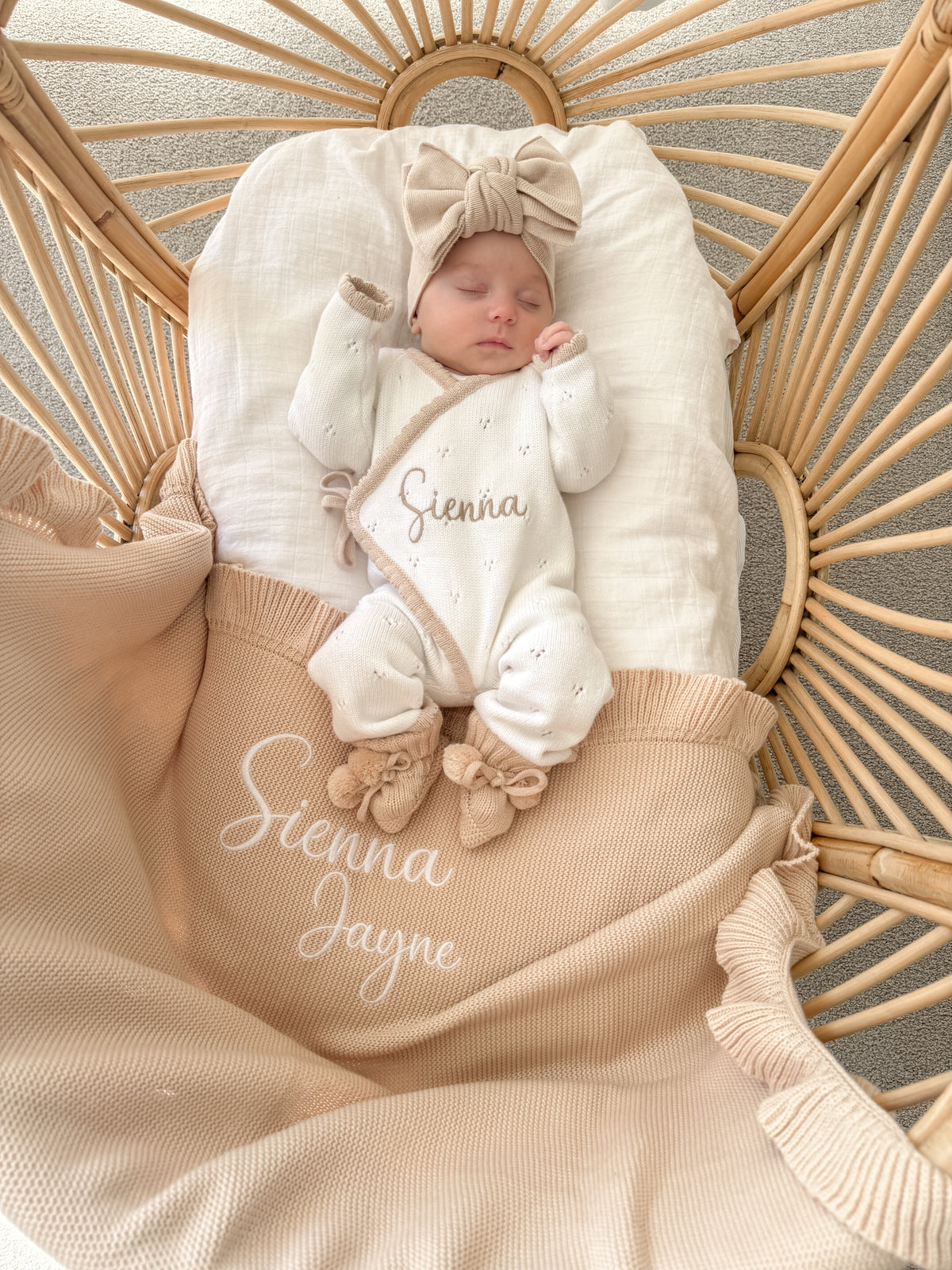 White and beige trim scallop kimono announcement romper