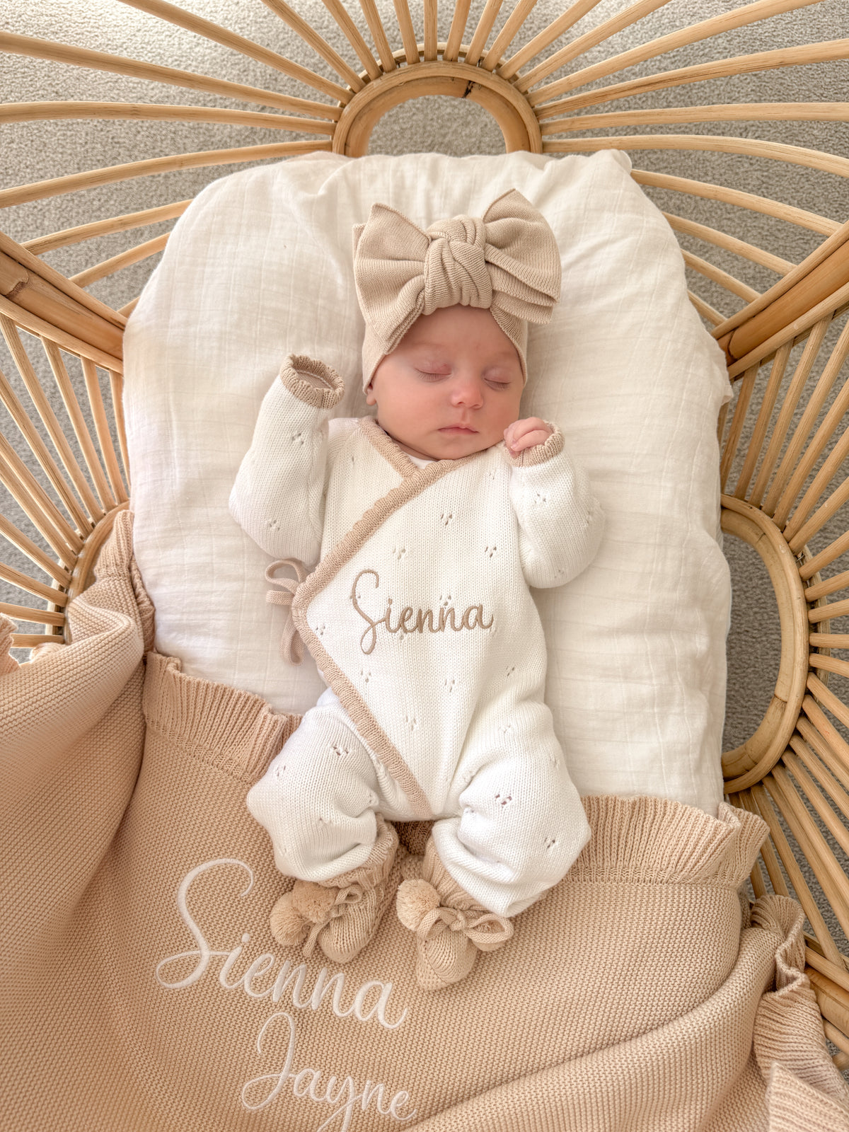 White and beige trim scallop kimono announcement romper