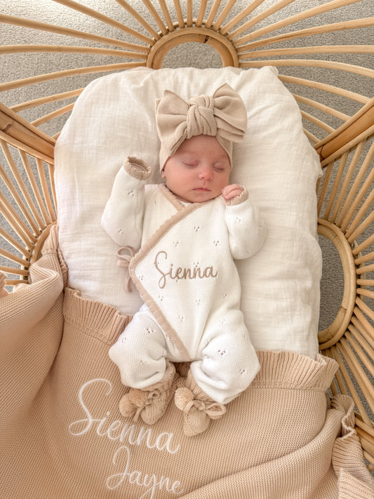 White and beige trim scallop kimono announcement romper