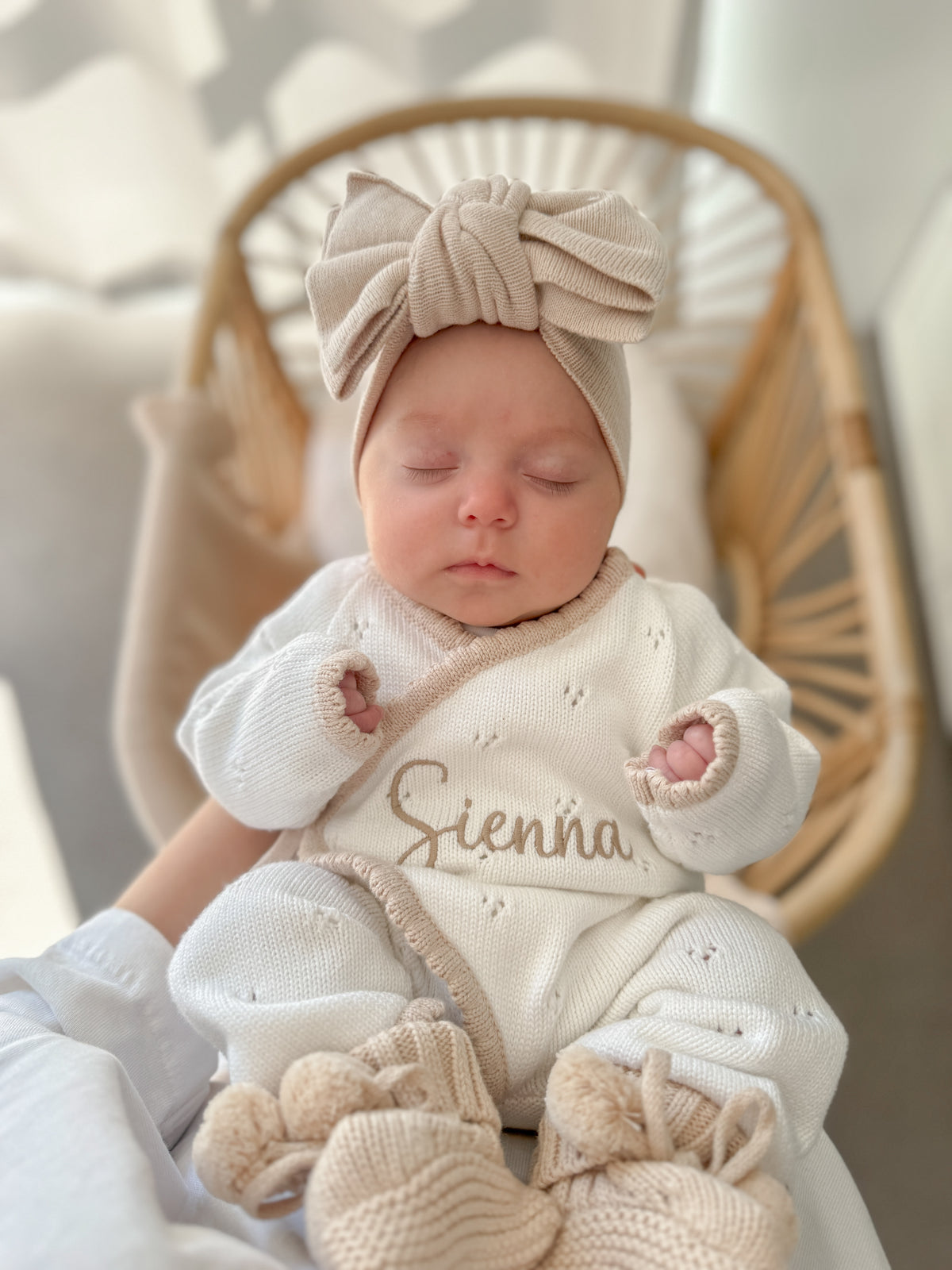 White and beige trim scallop kimono announcement romper