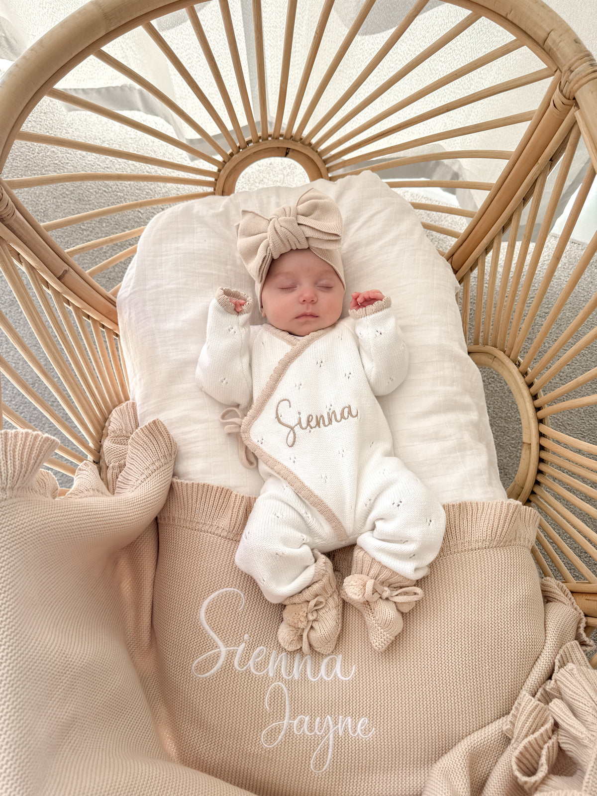 White and beige trim scallop kimono announcement romper