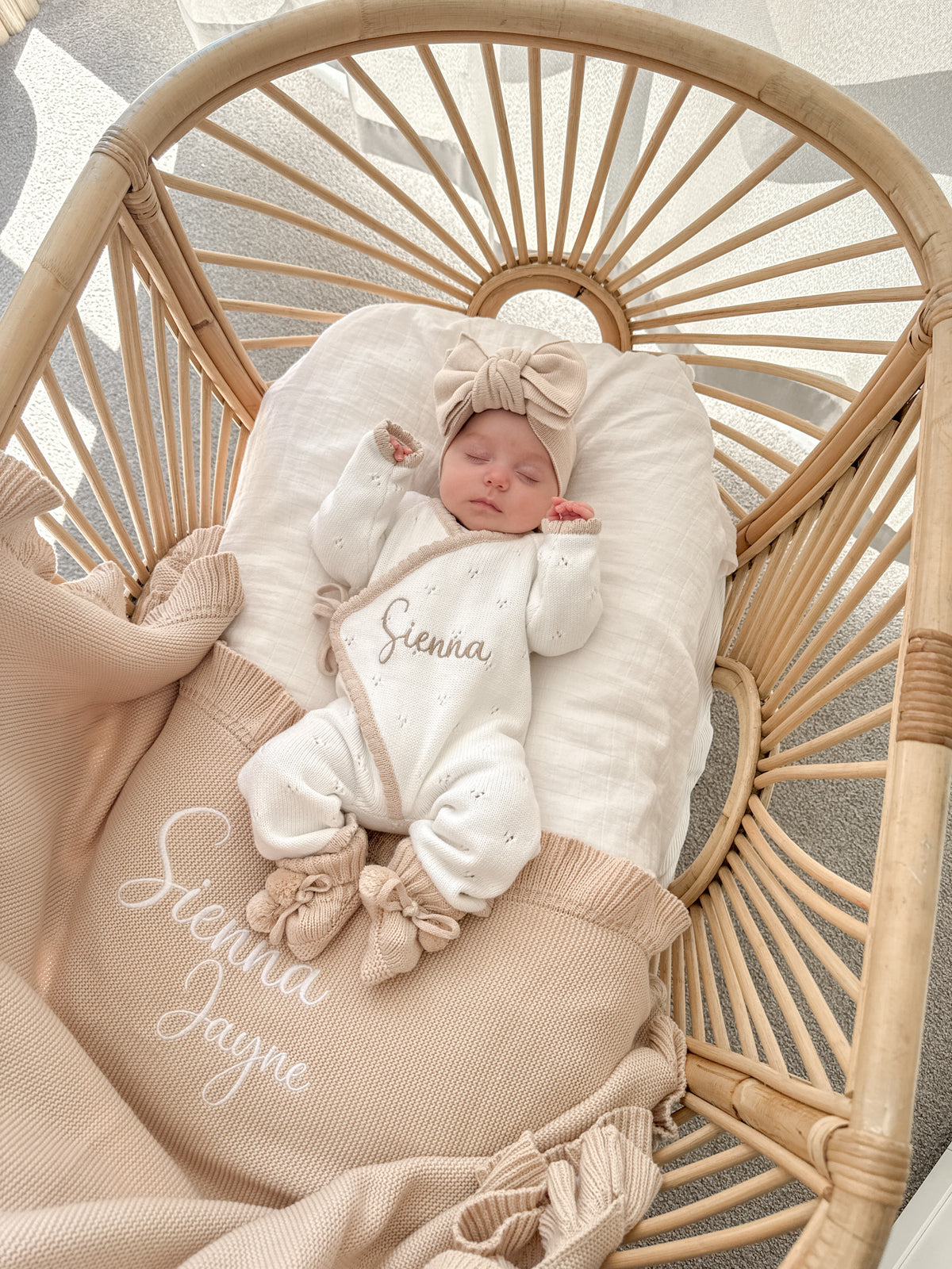 White and beige trim scallop kimono announcement romper