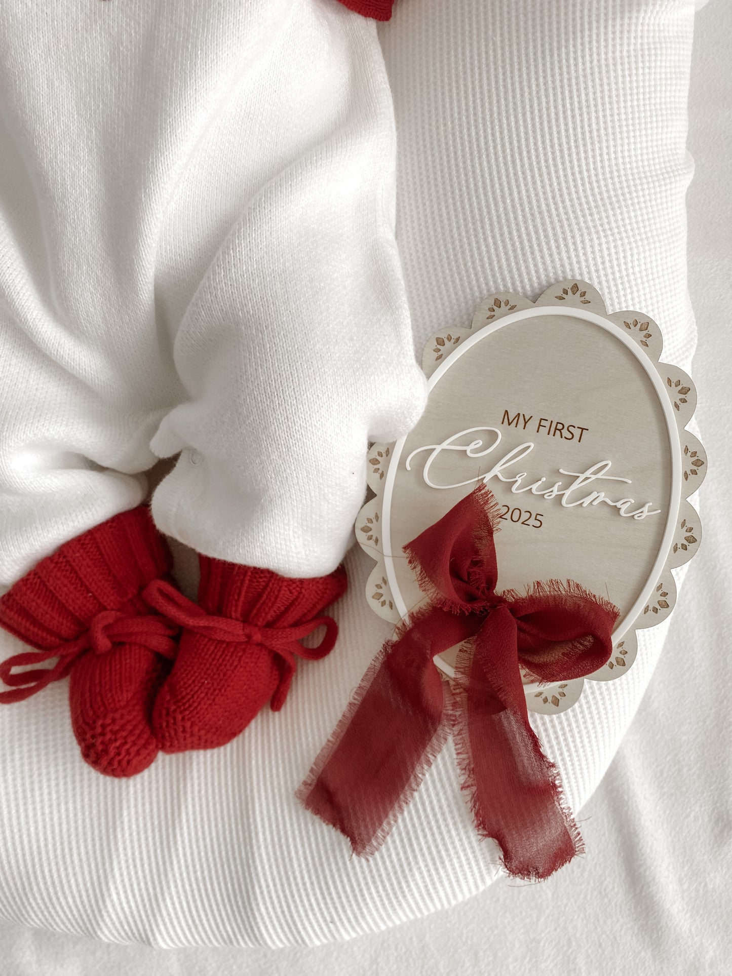 Christmas baby pompom booties red
