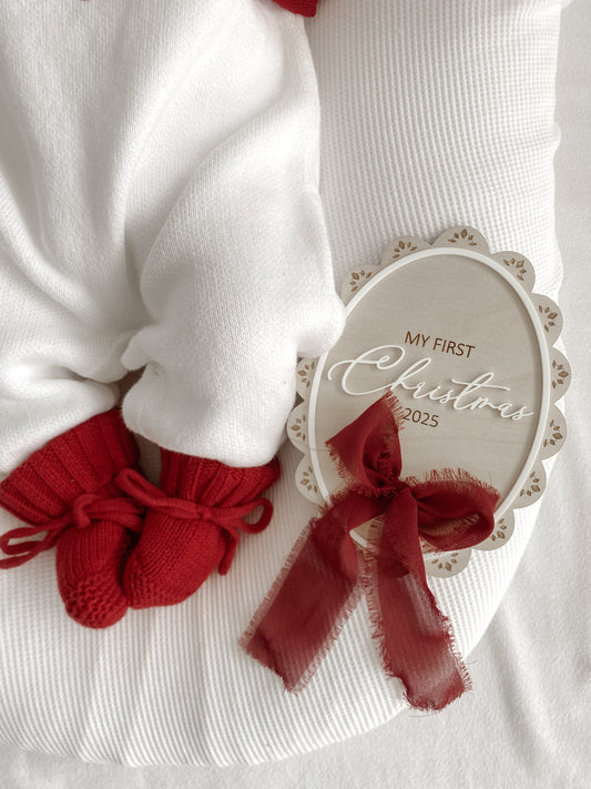 Christmas baby pompom booties red