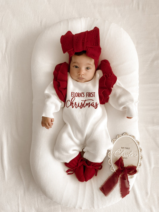 First Christmas red frill and white personalised romper