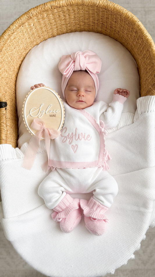 Baby girl two piece white and pink announcement set