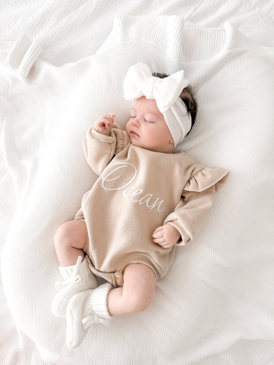 Beige frill shoulder oversized romper 0-3 months