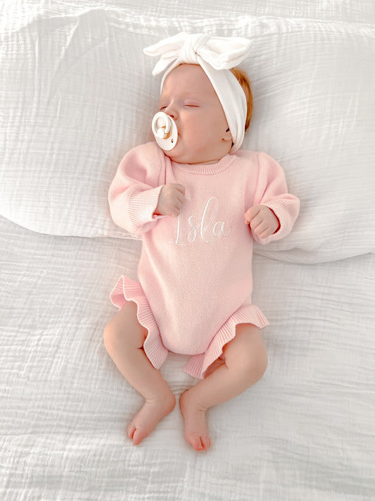 Baby pink frill leg personalised baby romper