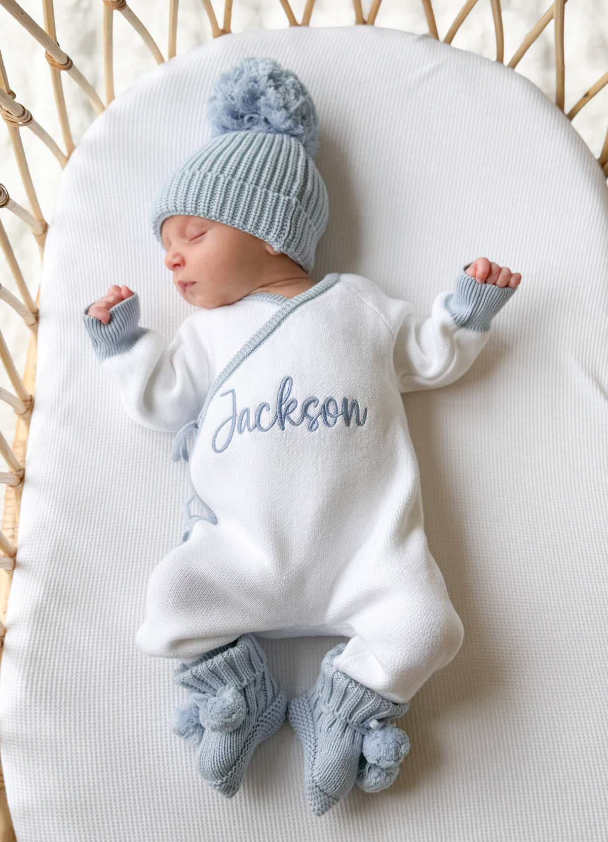 White and blue trim personalised announcement kimono romper