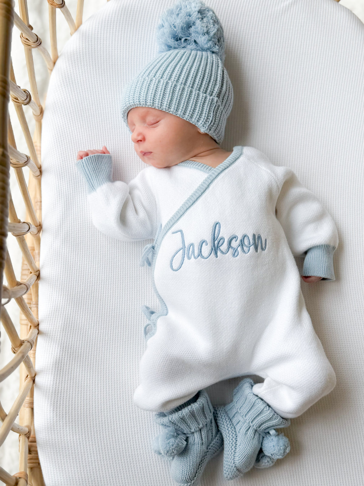 White and blue trim personalised announcement kimono romper