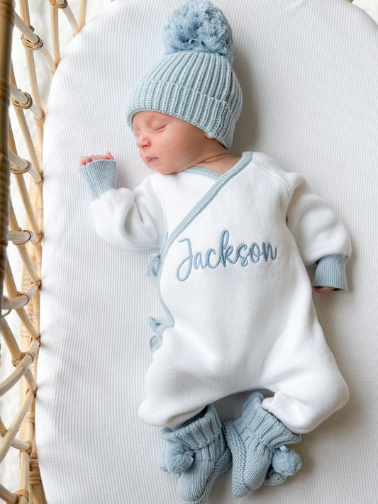White and blue trim personalised announcement kimono romper