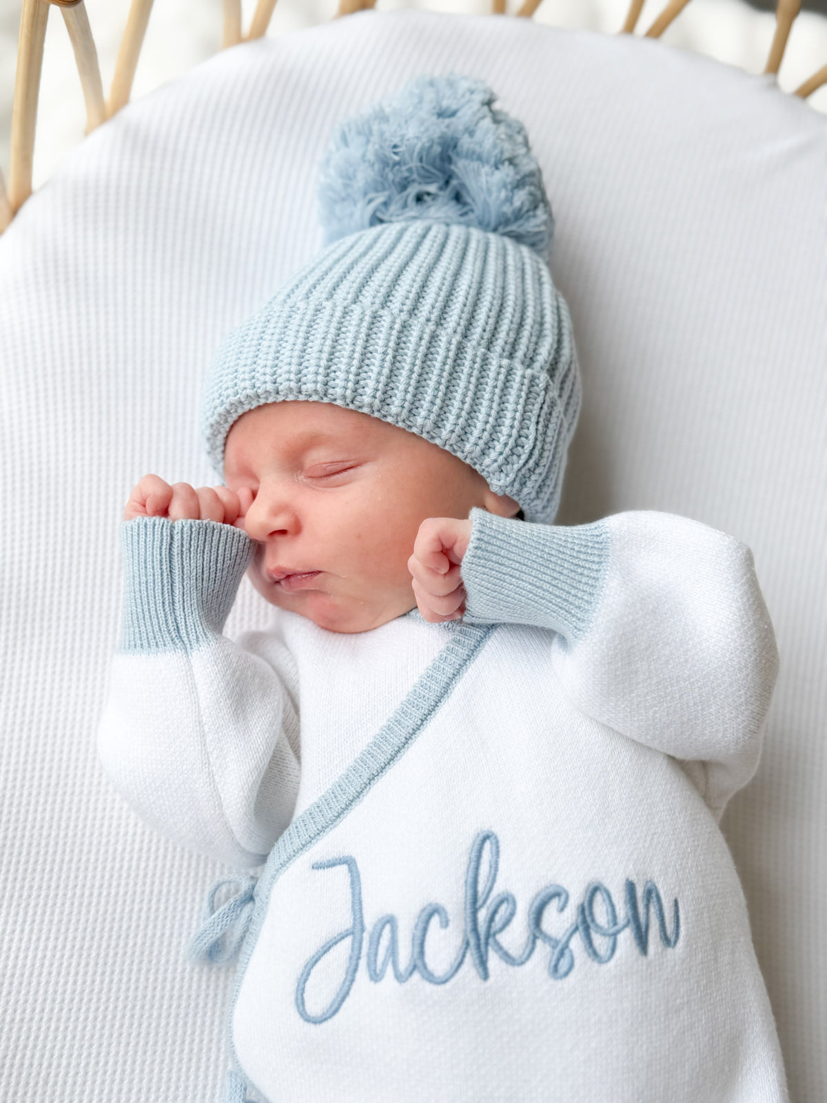 White and blue trim personalised announcement kimono romper