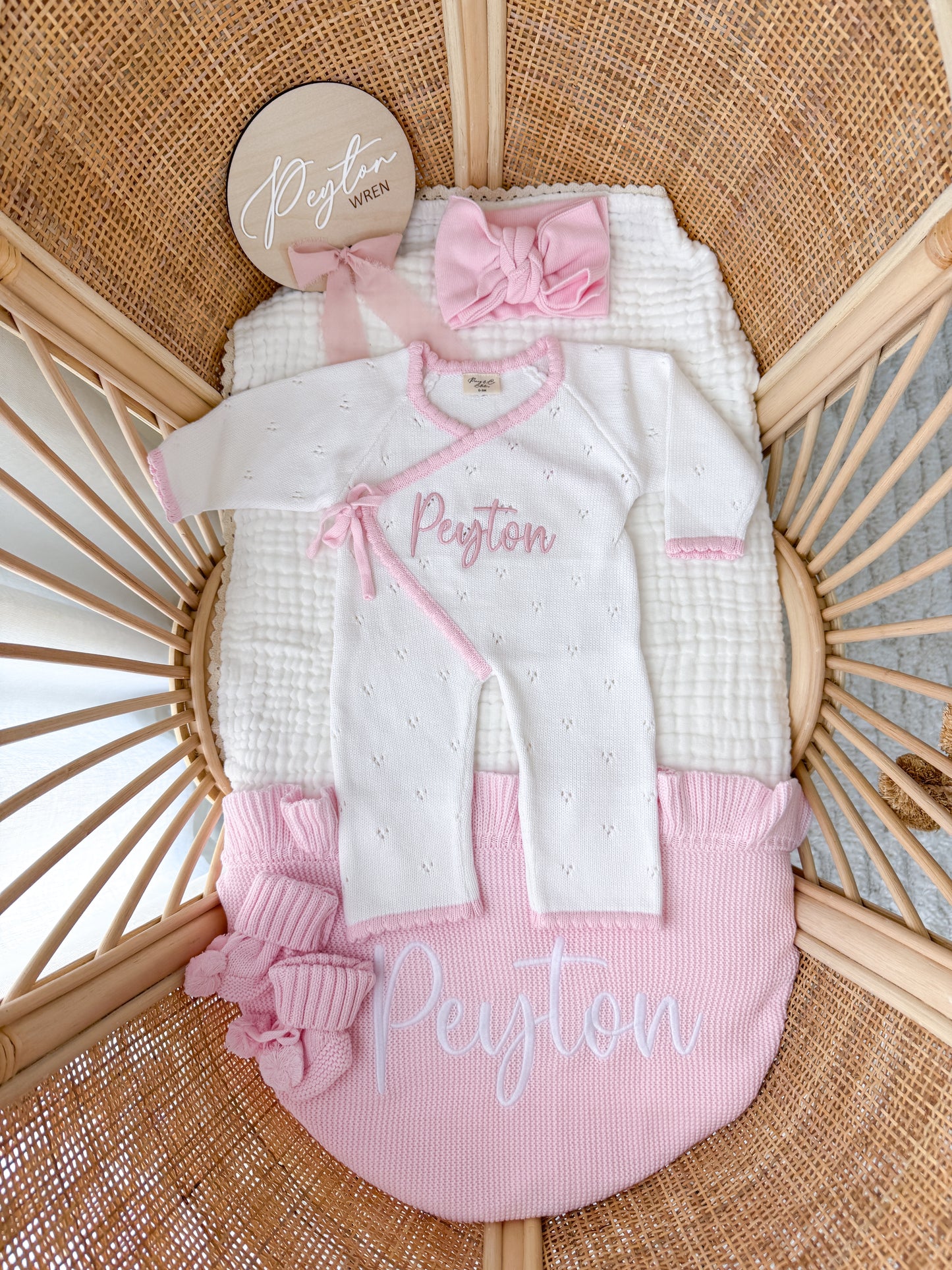 White with pink scallop kimono baby announcement romper