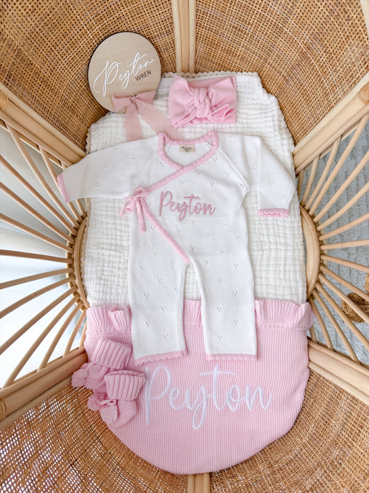 White with pink scallop kimono baby announcement romper