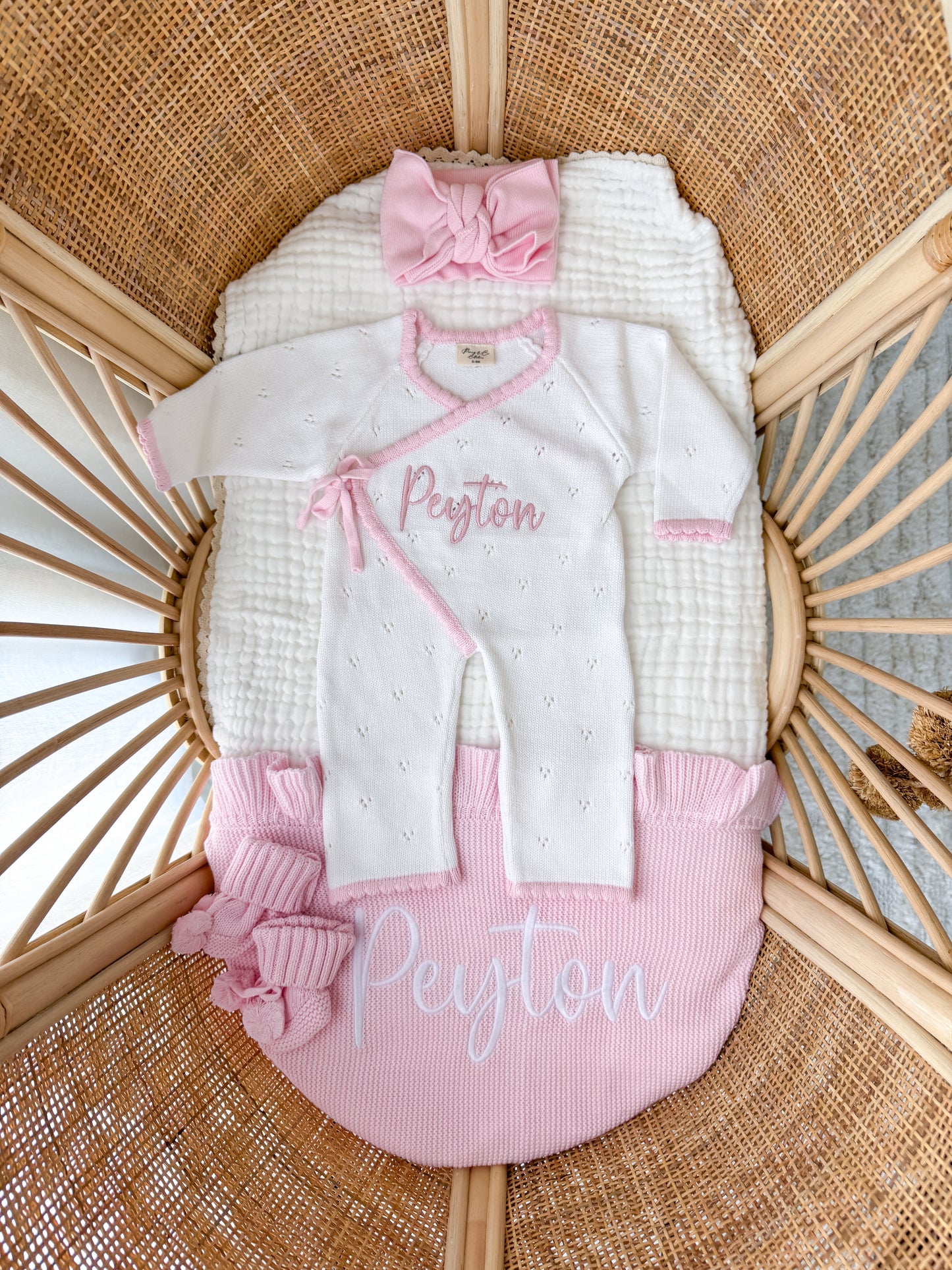 White with pink scallop kimono baby announcement romper