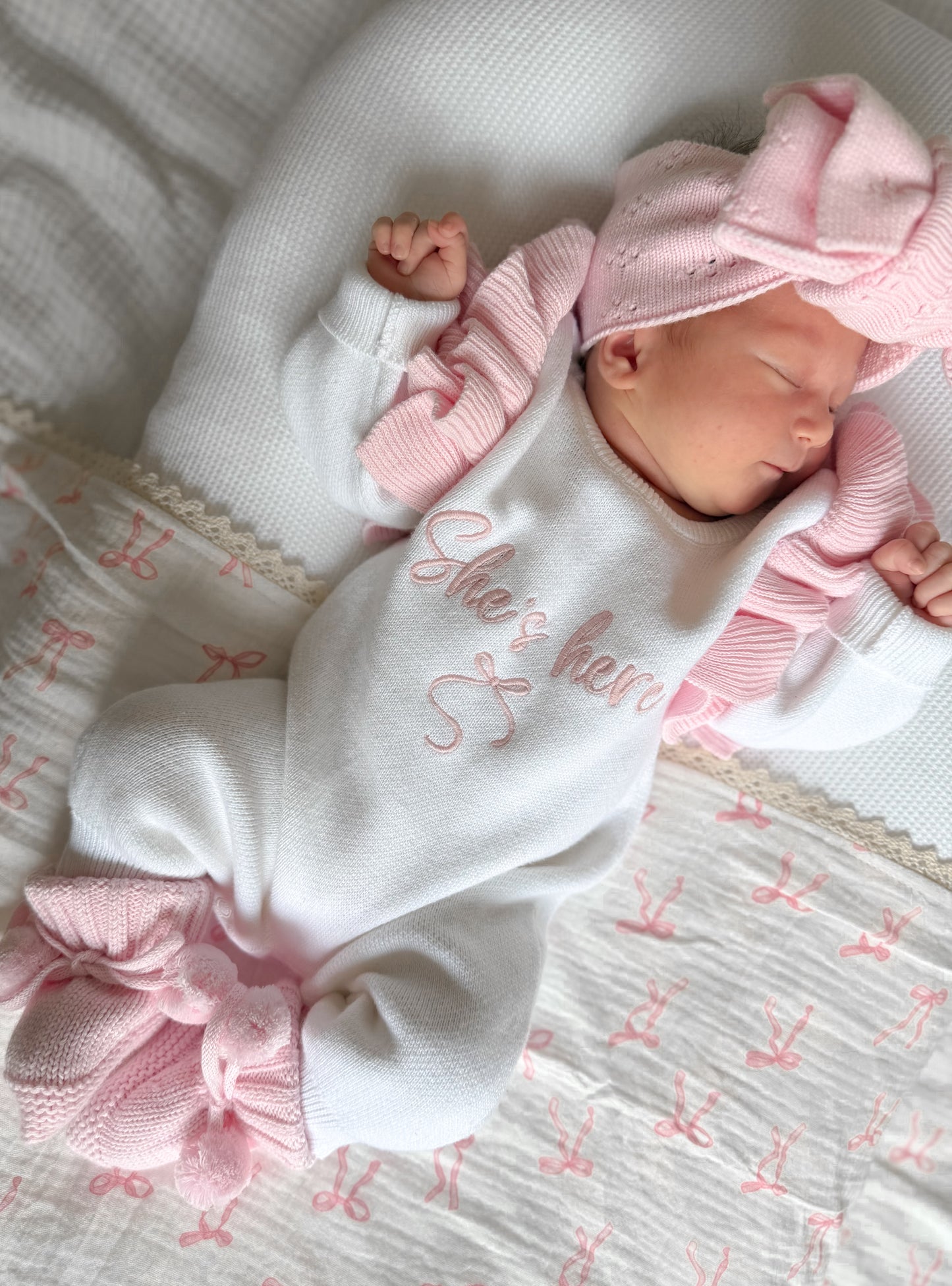 She’s here baby girl announcement romper