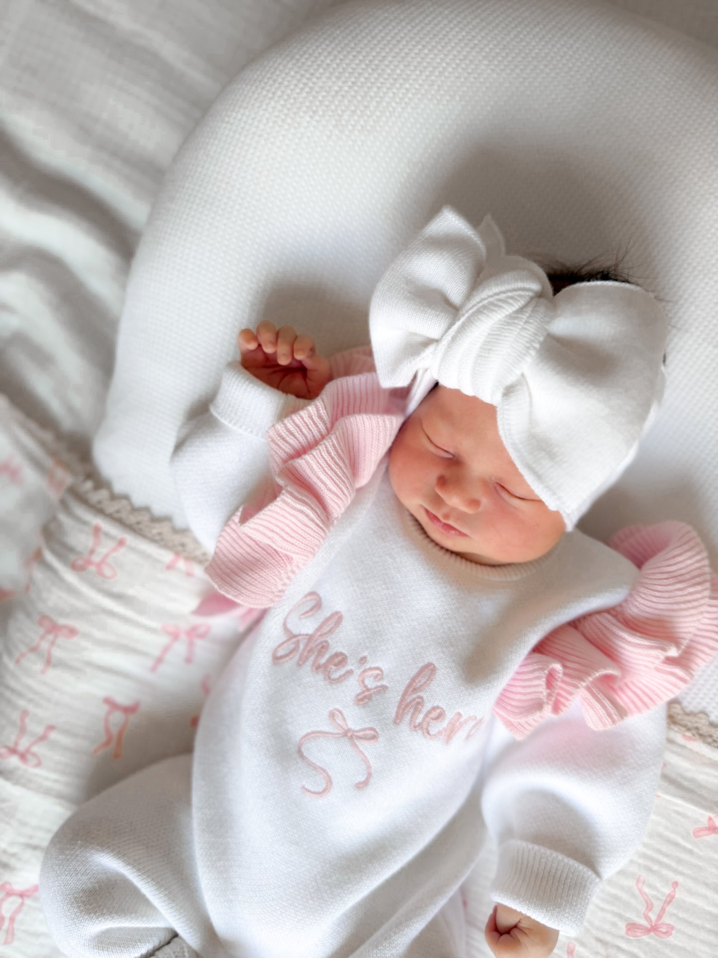 She’s here baby girl announcement romper