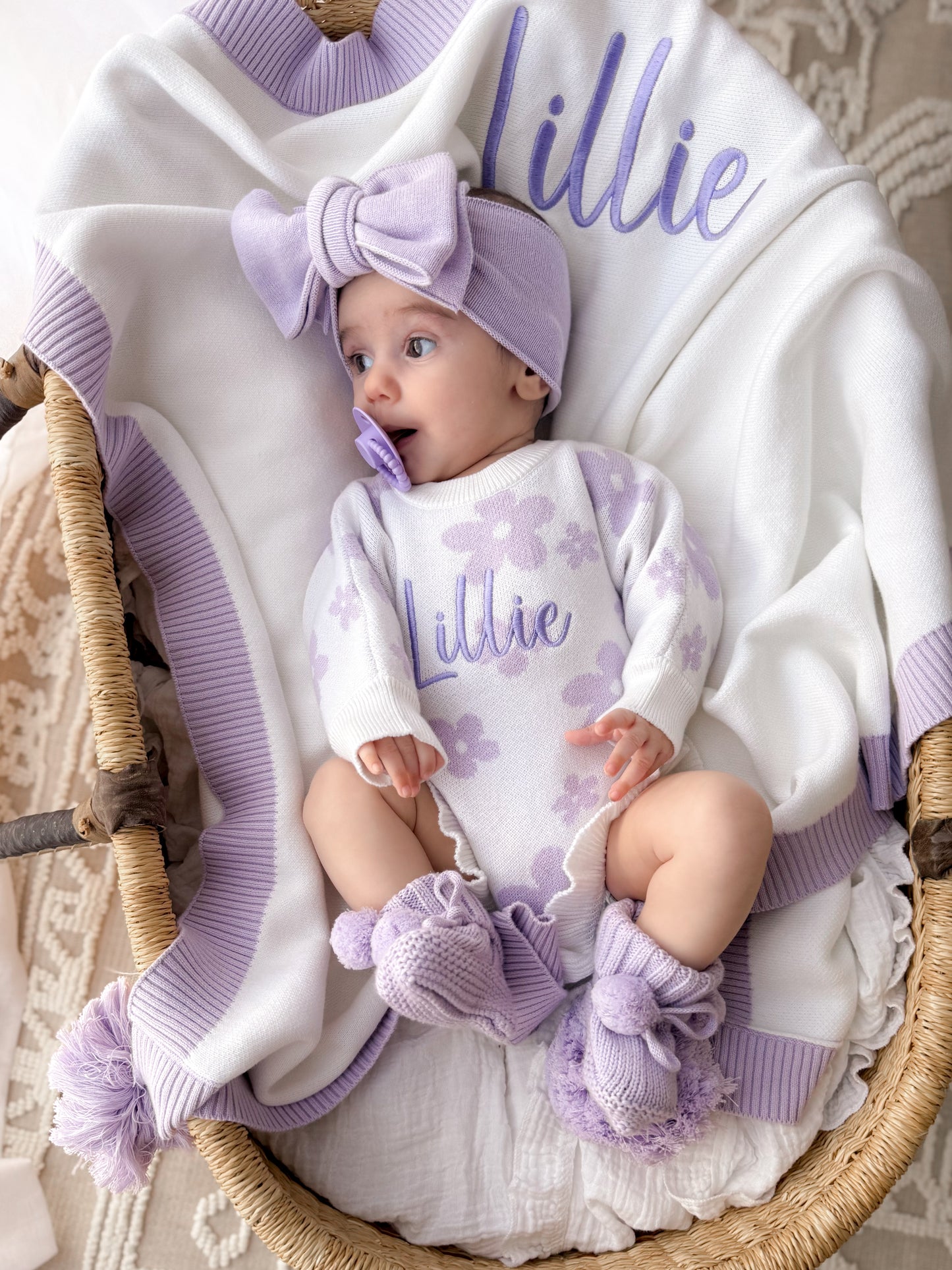 Purple and white floral frill leg romper