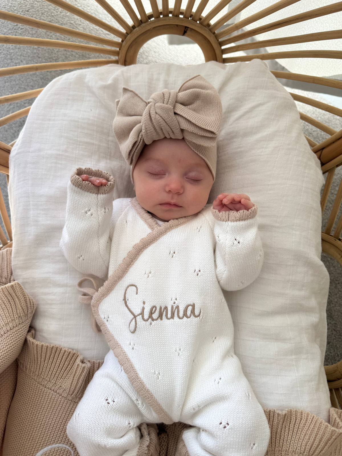 White and beige trim scallop kimono announcement romper
