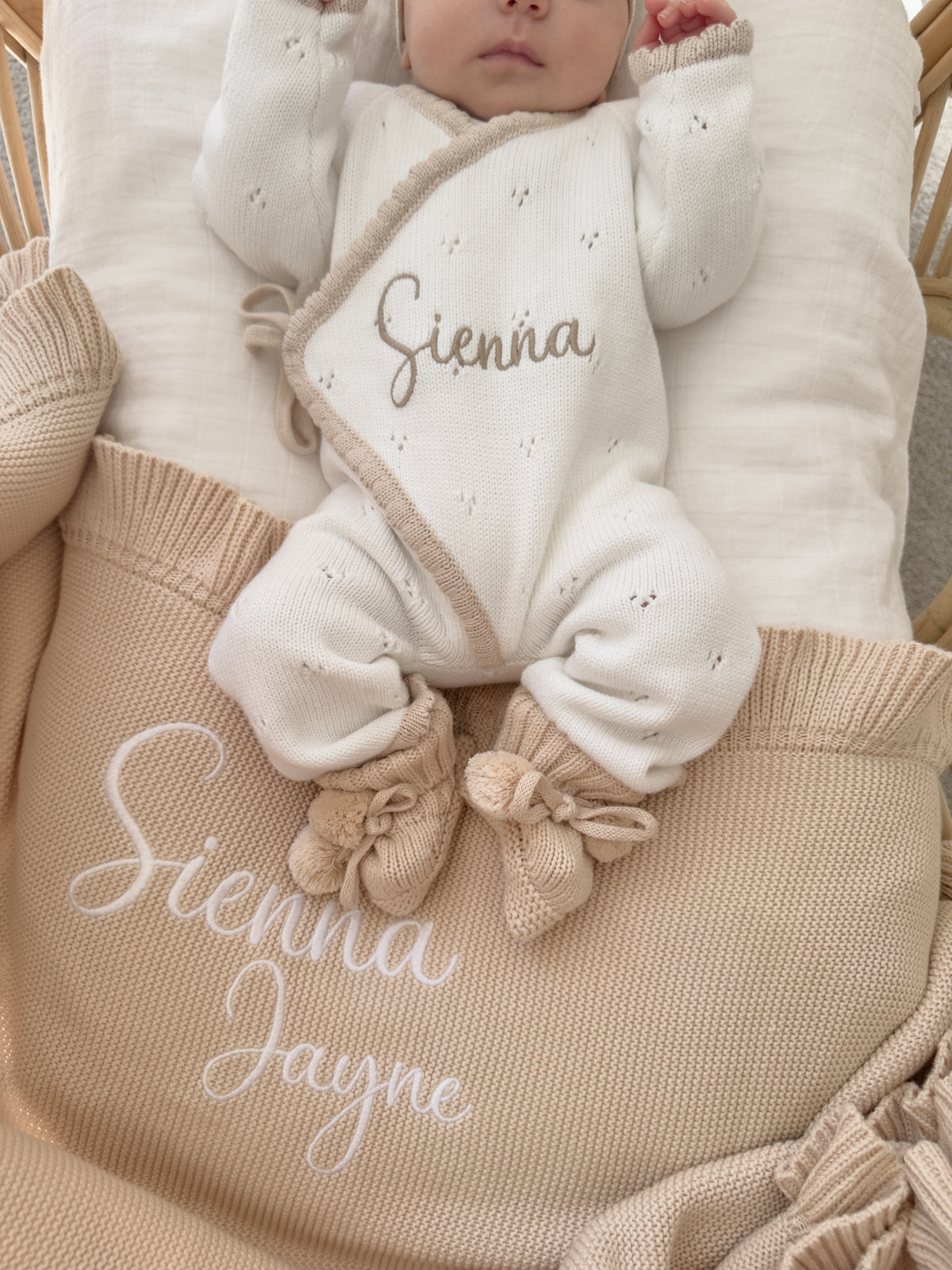 White and beige trim scallop kimono announcement romper