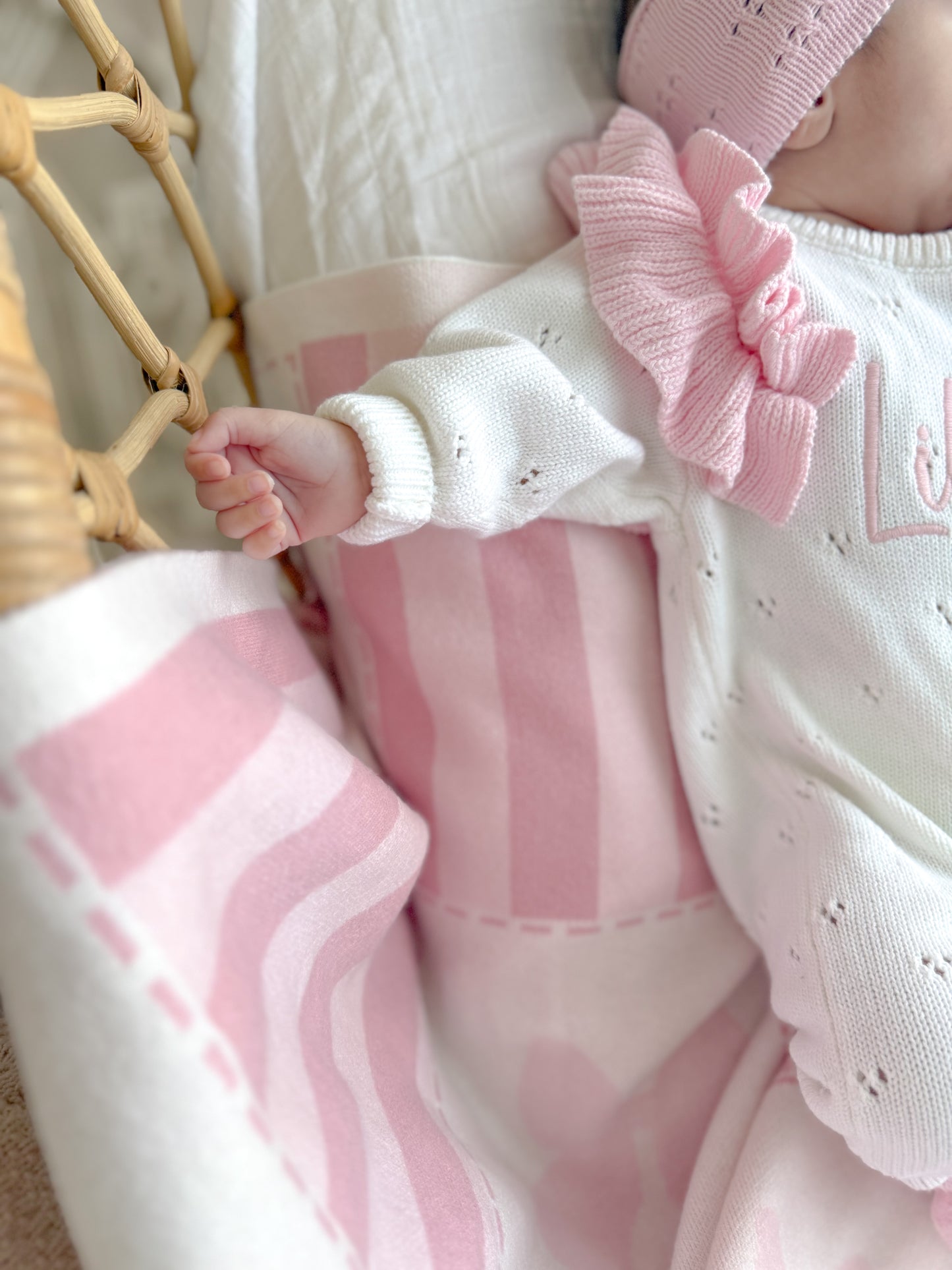 White and pink frill pointelle baby name romper