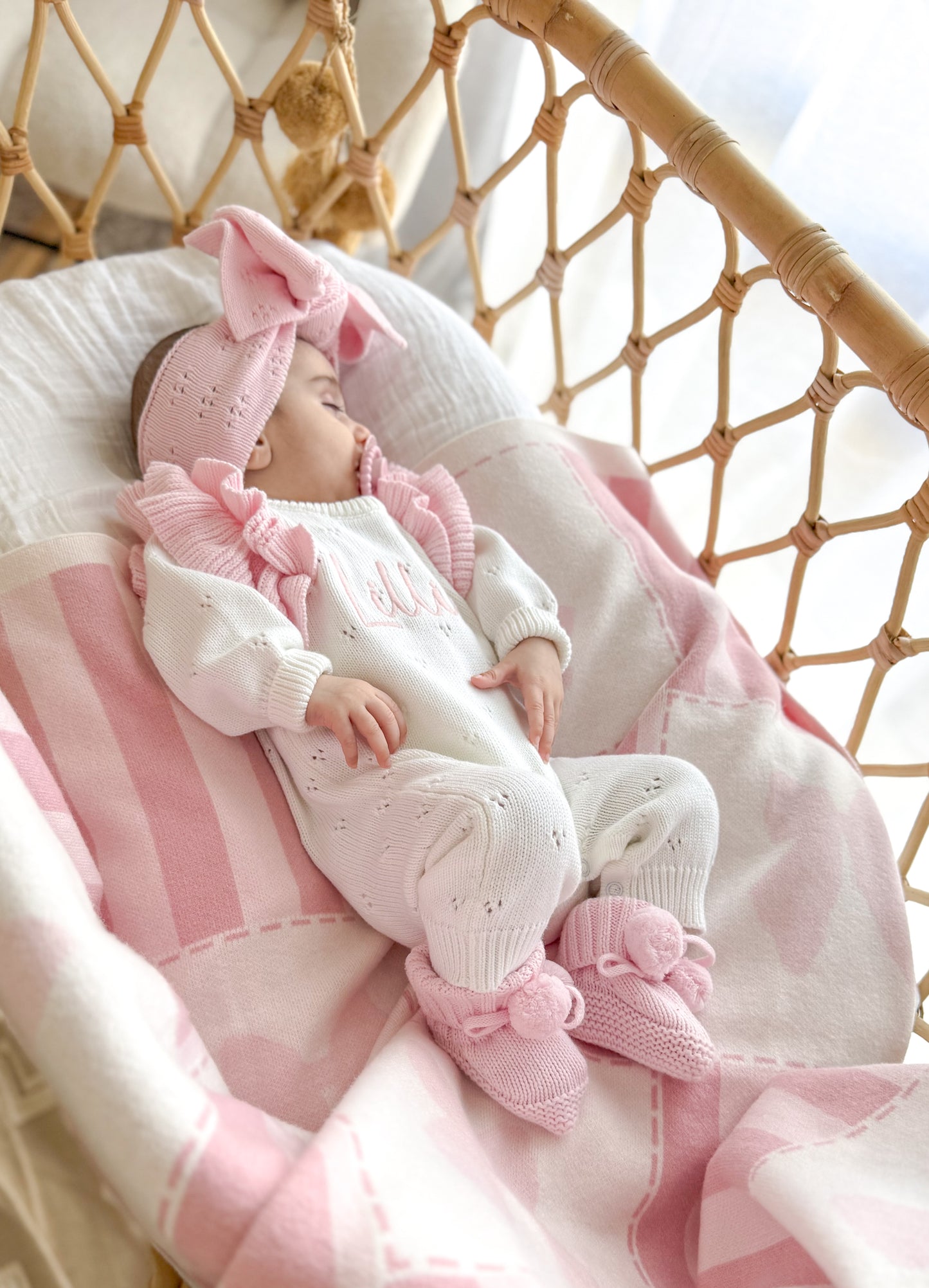 White and pink frill pointelle baby name romper