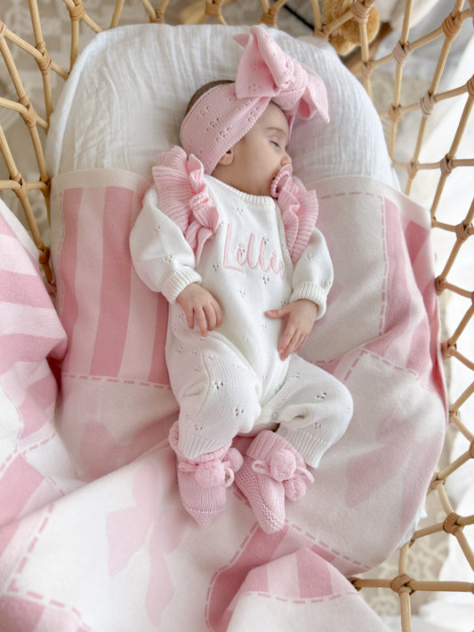 White and pink frill pointelle baby name romper