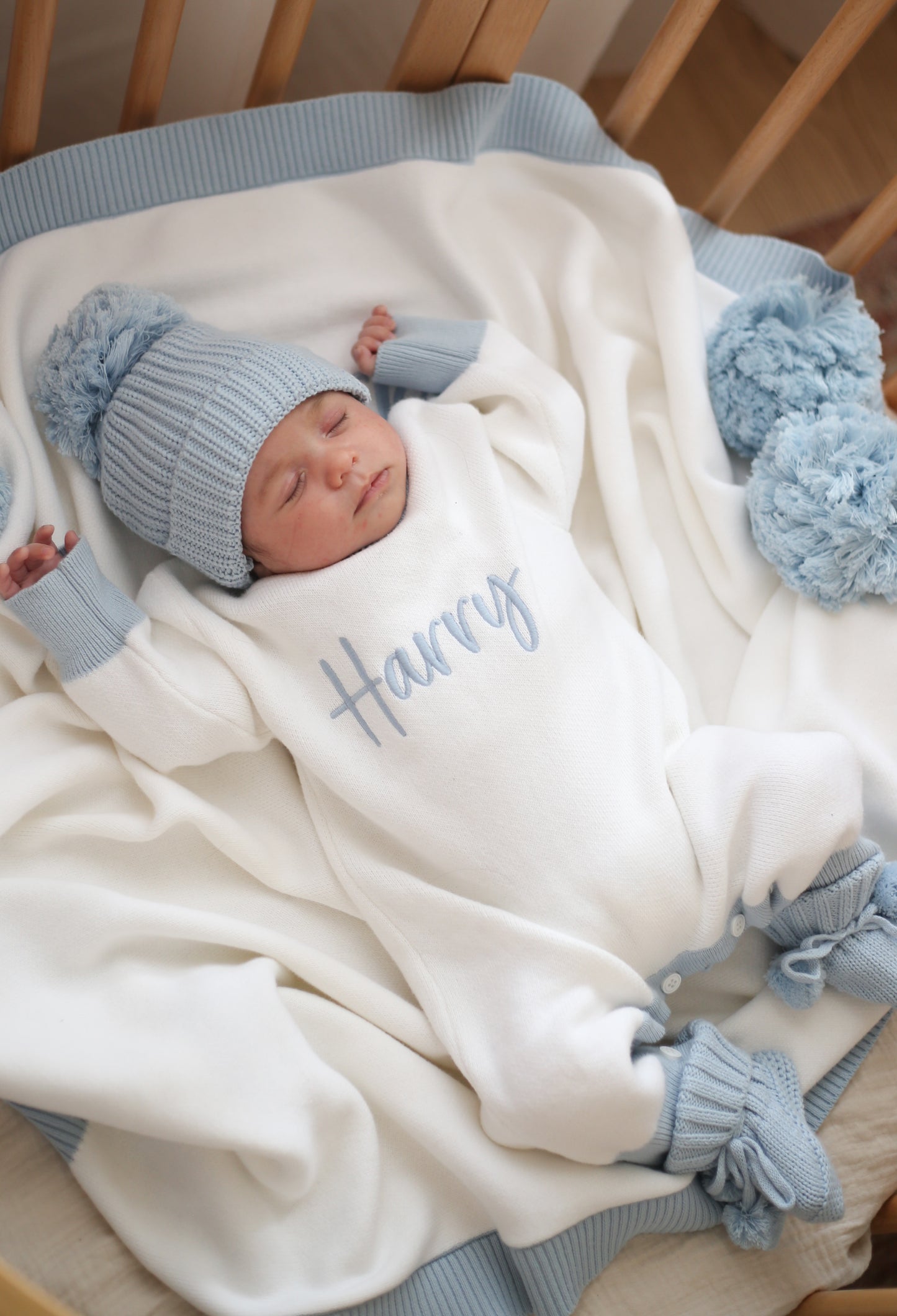 Personalised baby romper white with blue trim