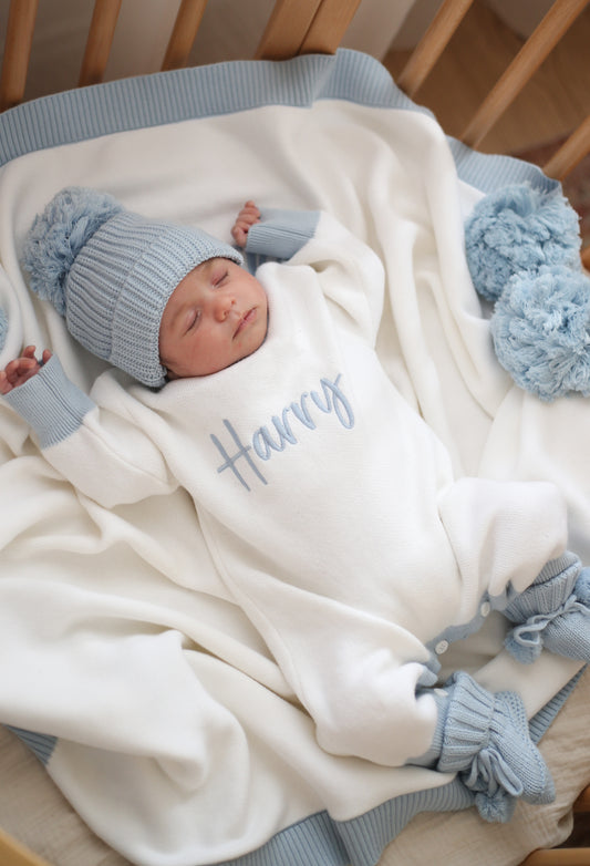Personalised baby romper white with blue trim