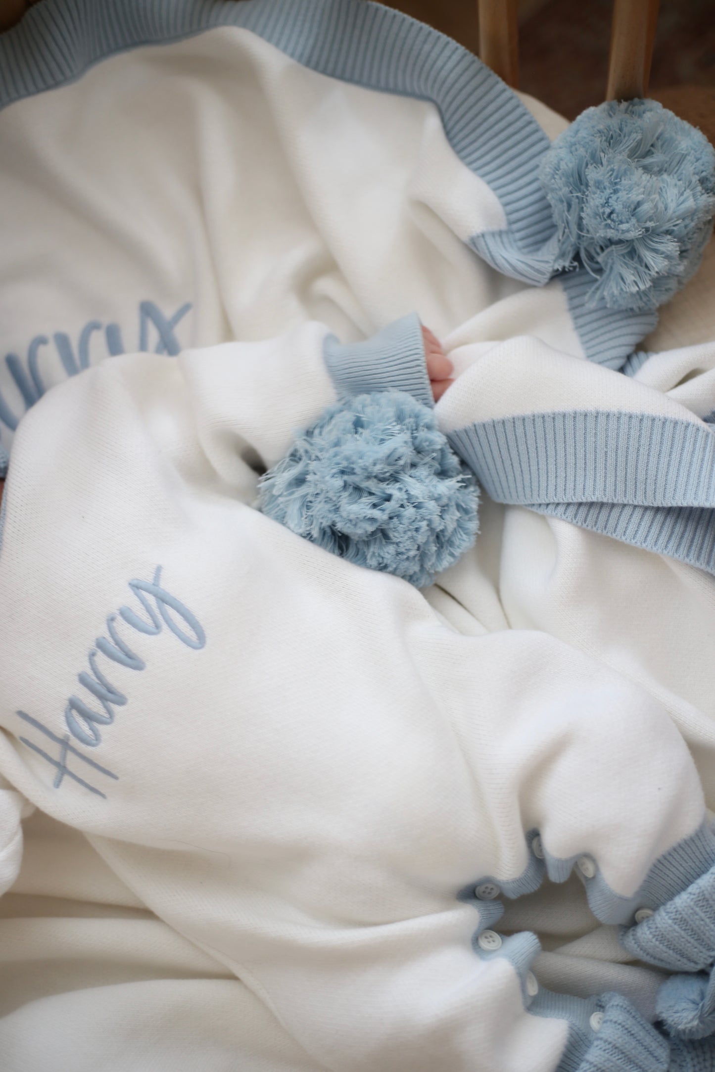 Personalised baby romper white with blue trim