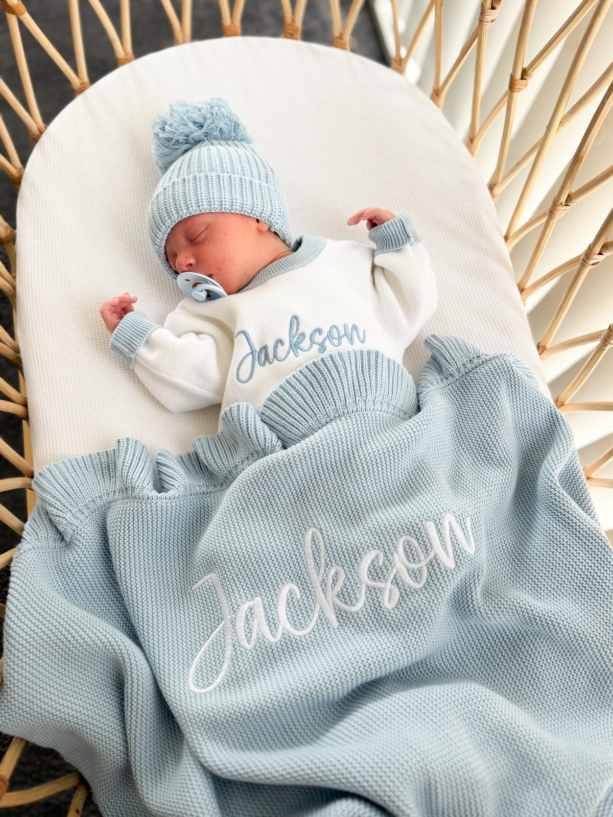 Blue frill knit personalised baby blanket