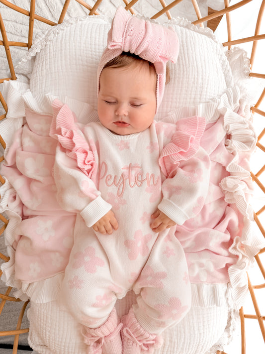 Long leg pink flower frill romper