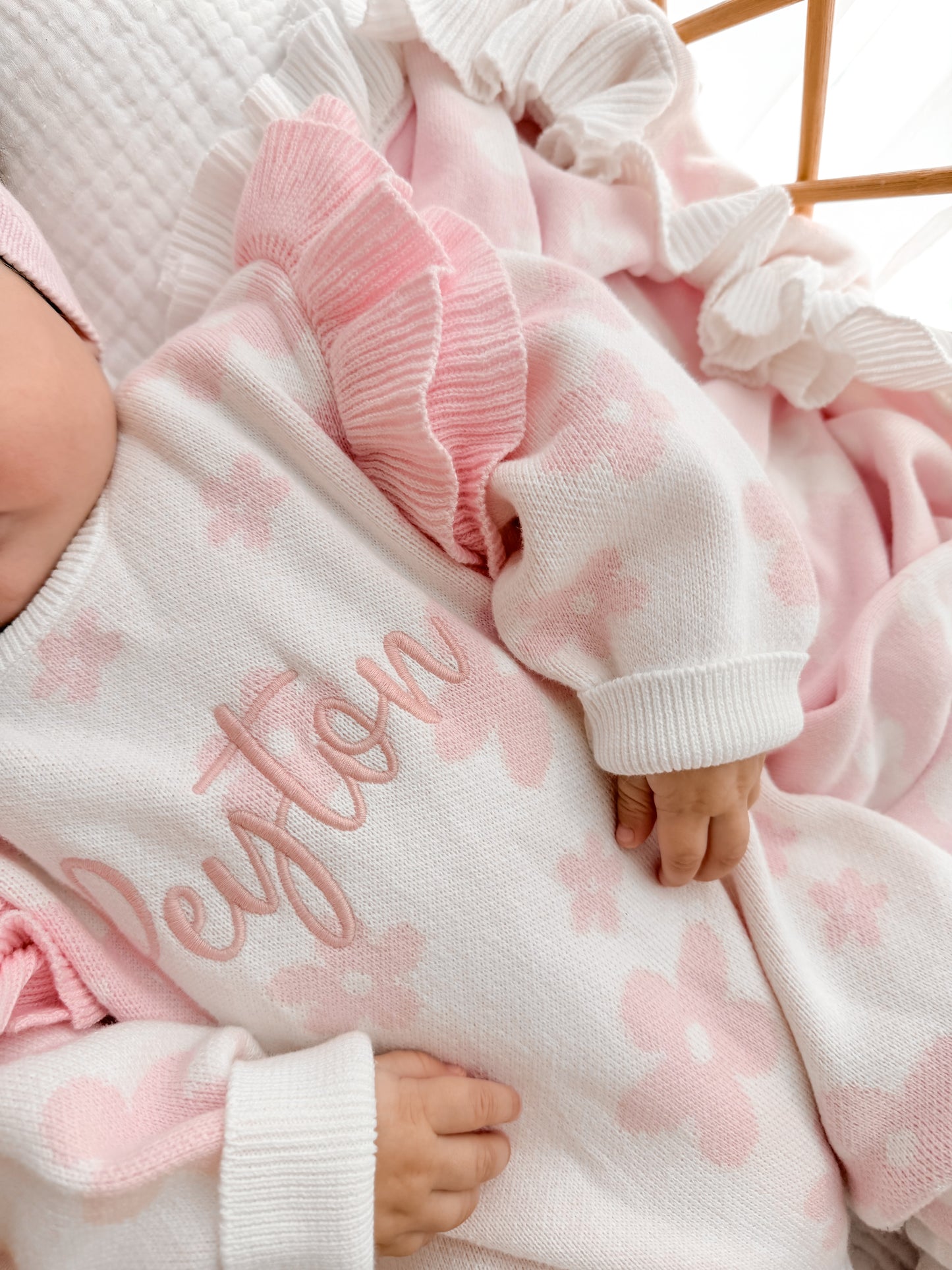 Long leg pink flower frill romper