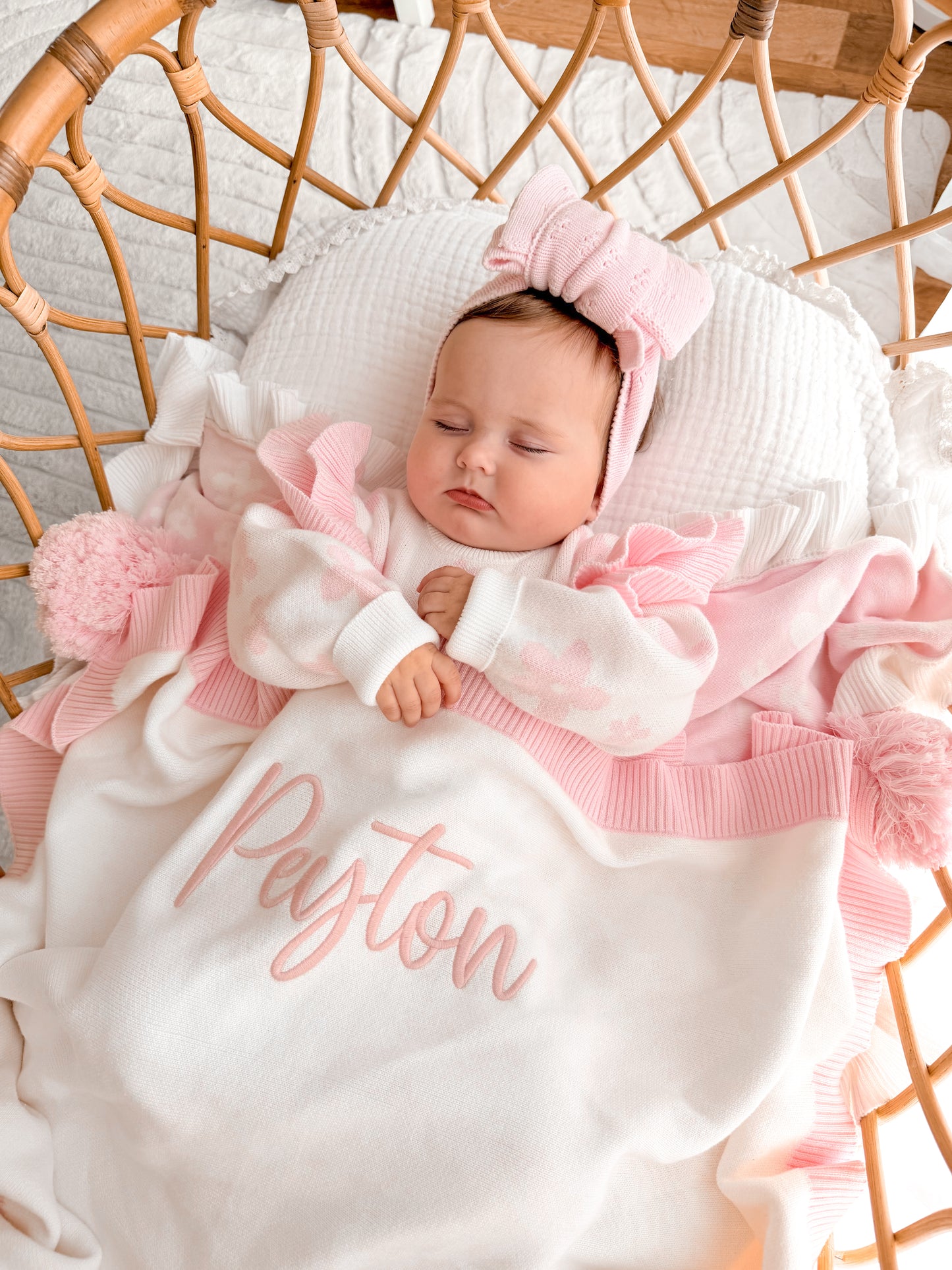 White and pink trim pompom personalised baby blanket