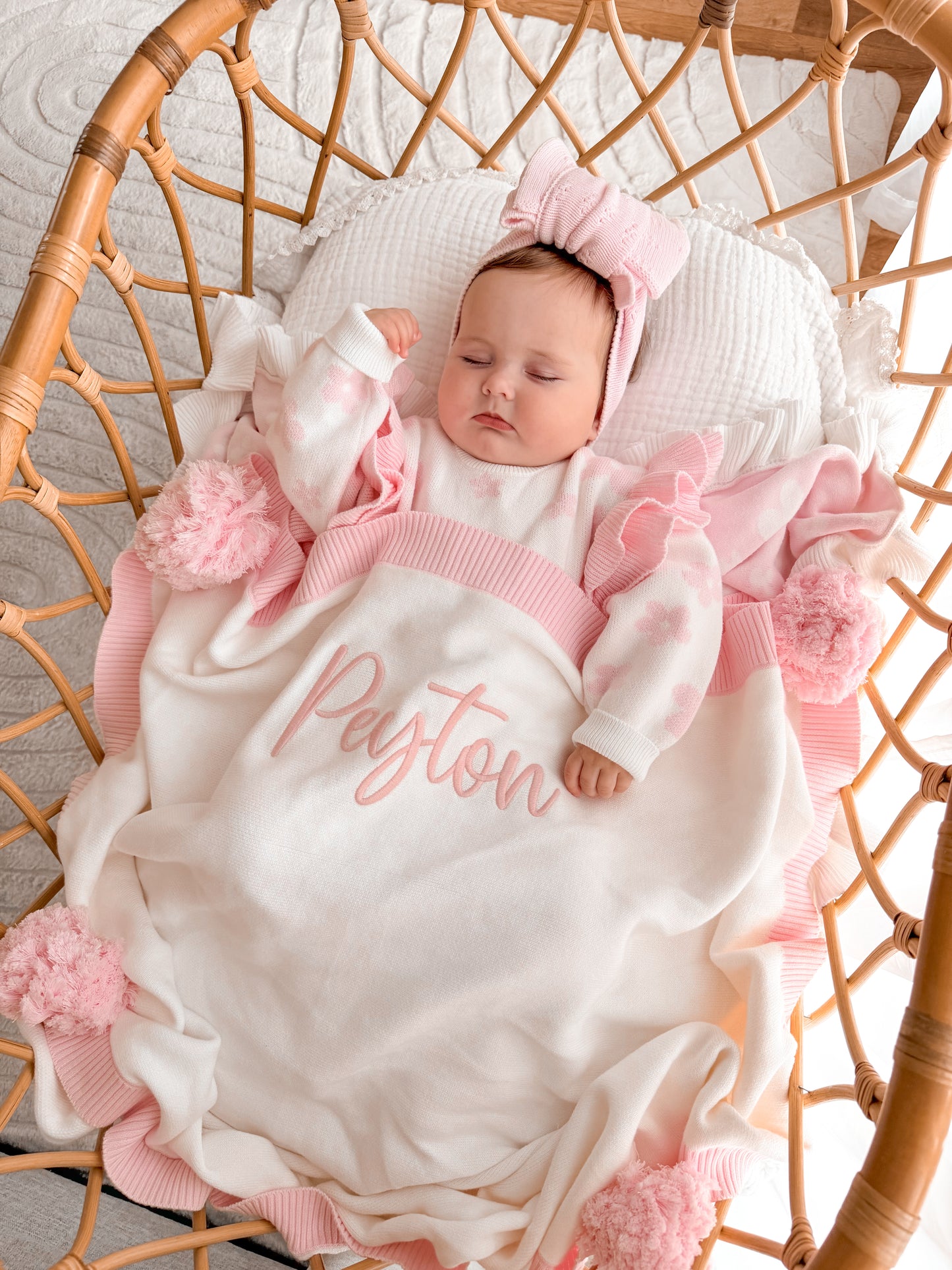 White and pink trim pompom personalised baby blanket