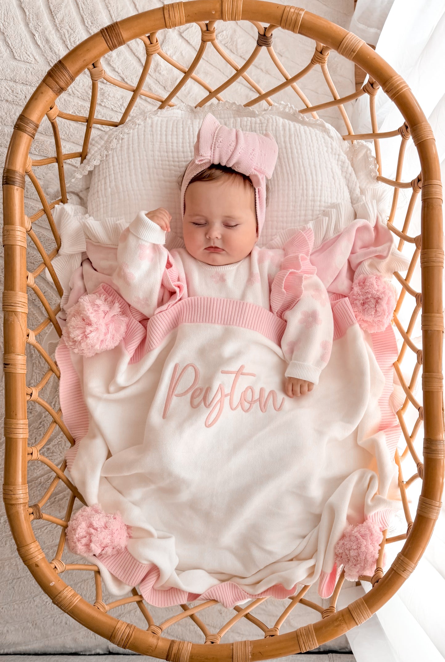 White and pink trim pompom personalised baby blanket