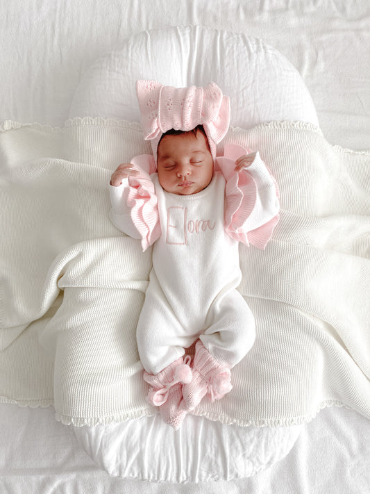 PRE ORDER white and pink frill baby romper