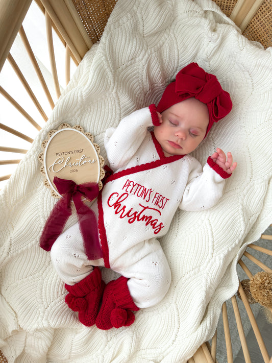 White and red trim personalised Christmas scallop kimono