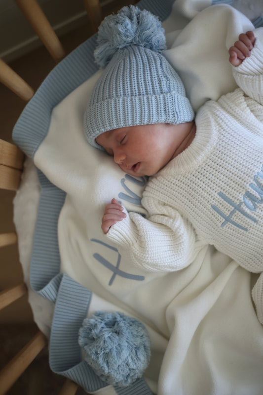 White and blue trim pompom personalised blanket