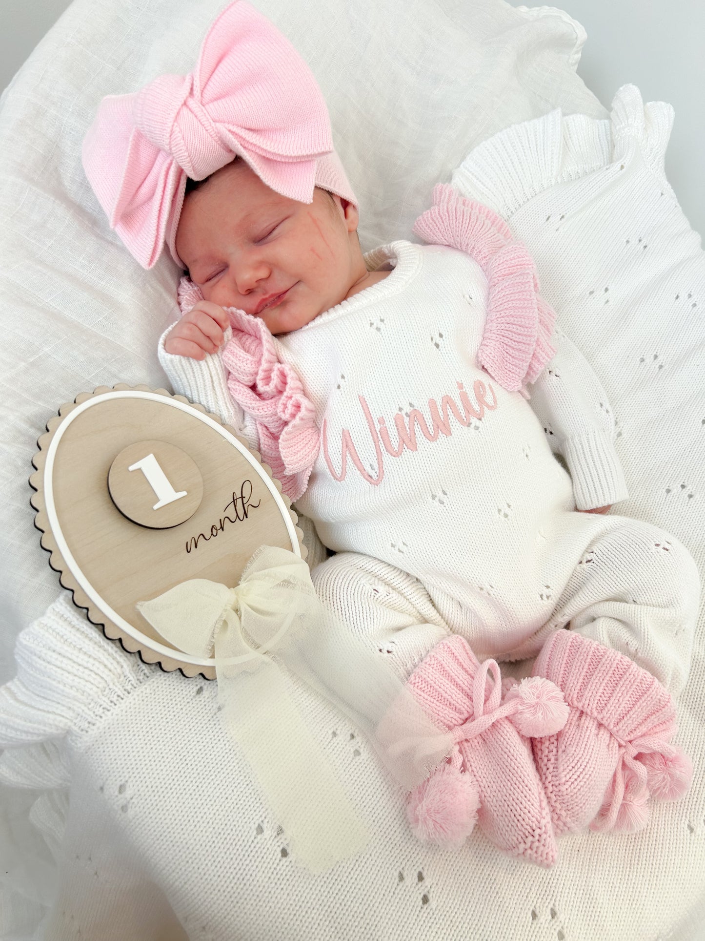 White and pink frill pointelle baby name romper