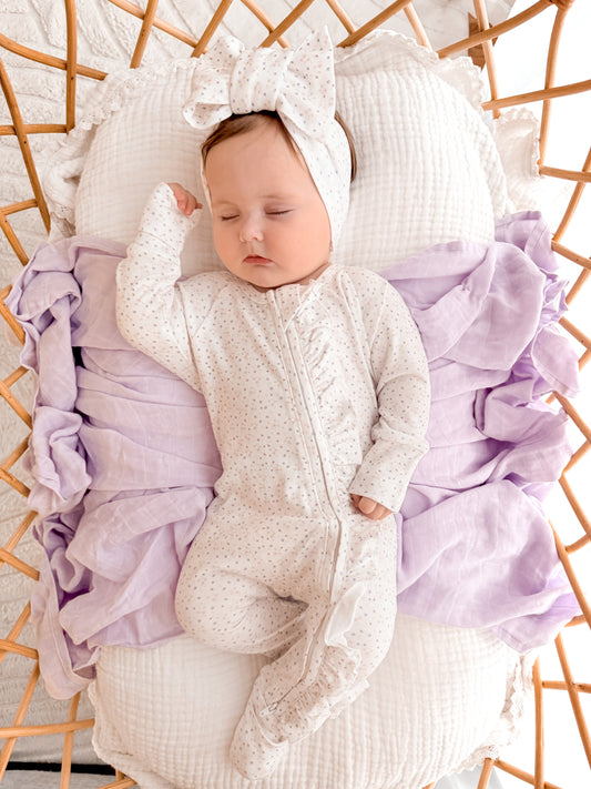 Purple mini floral zip frill onesie