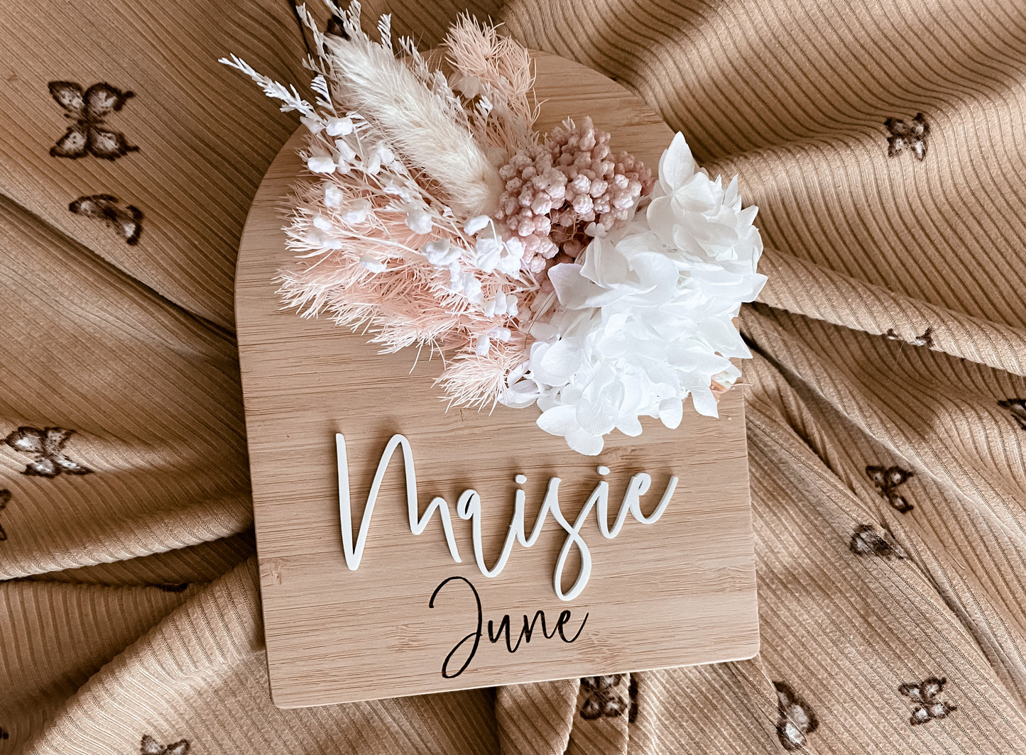 Wooden dried flower baby name plaque white with a touch of pink
