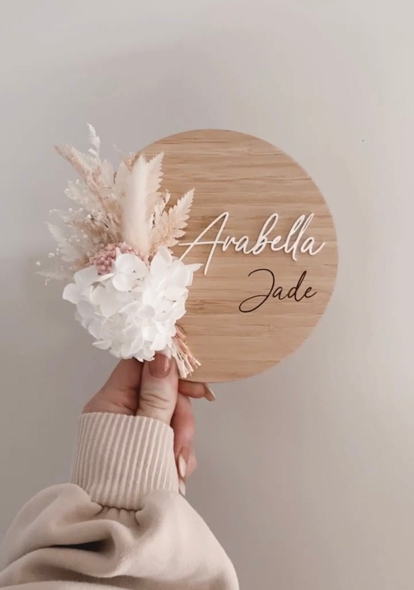 Wooden dried flower baby name plaque white with a touch of pink